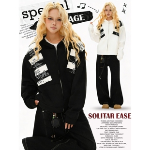 SOLITAR EASE美式街头字母刺绣麂皮连帽卫衣男女宽松高级开衫外套