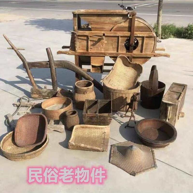 竹篮簸箕耙子老式收藏品s闹钟民俗老物件农村老木犁农耕犁农具用