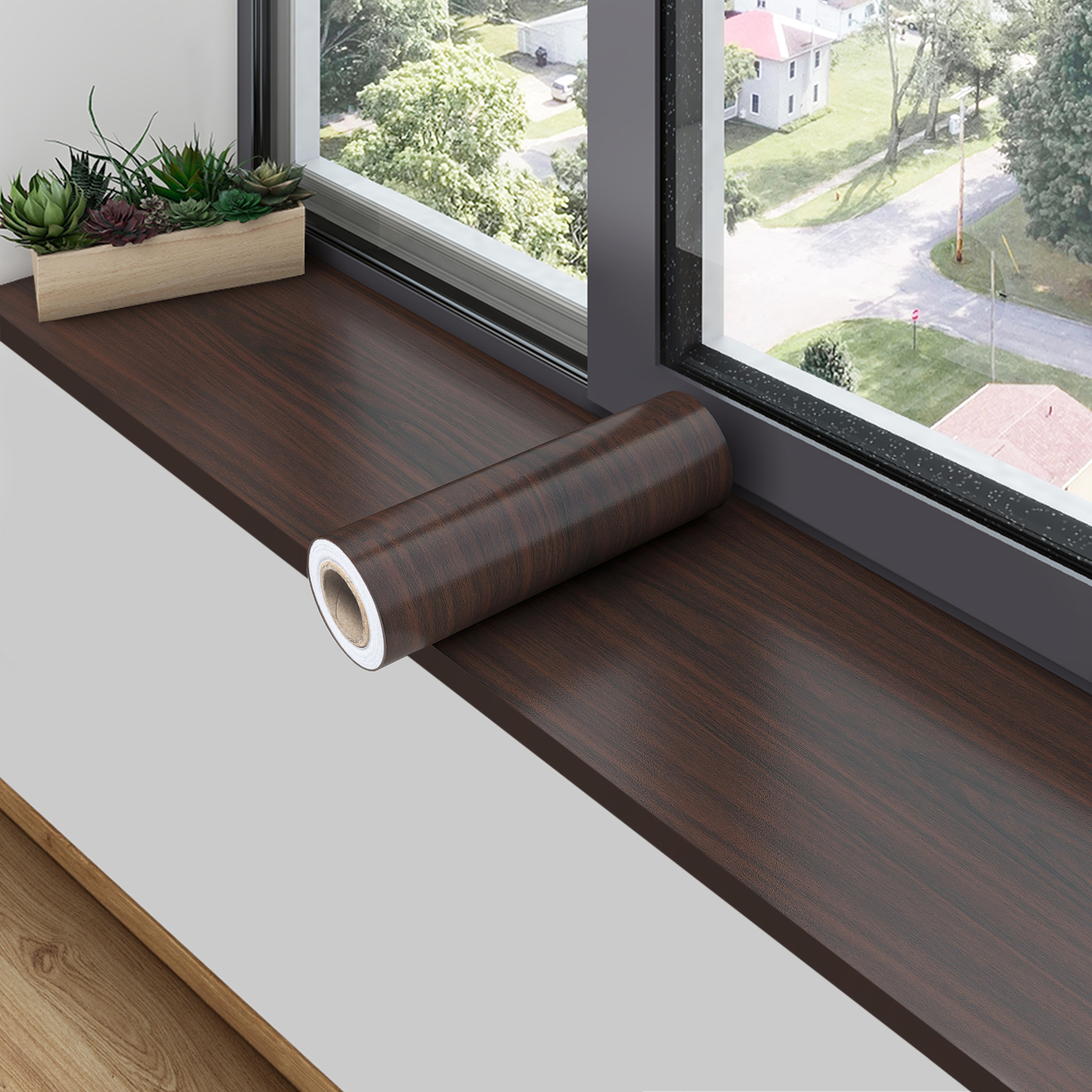 窗台贴纸防水防晒胡桃色木纹贴皮