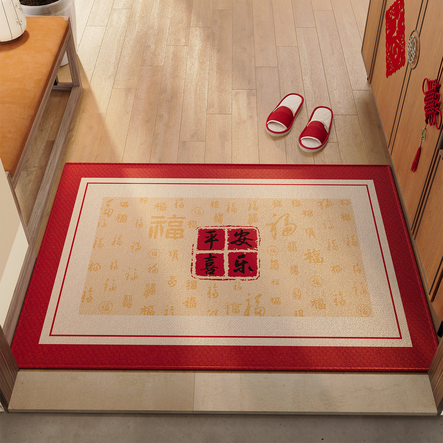 高级感玄关入户门地垫红色喜庆