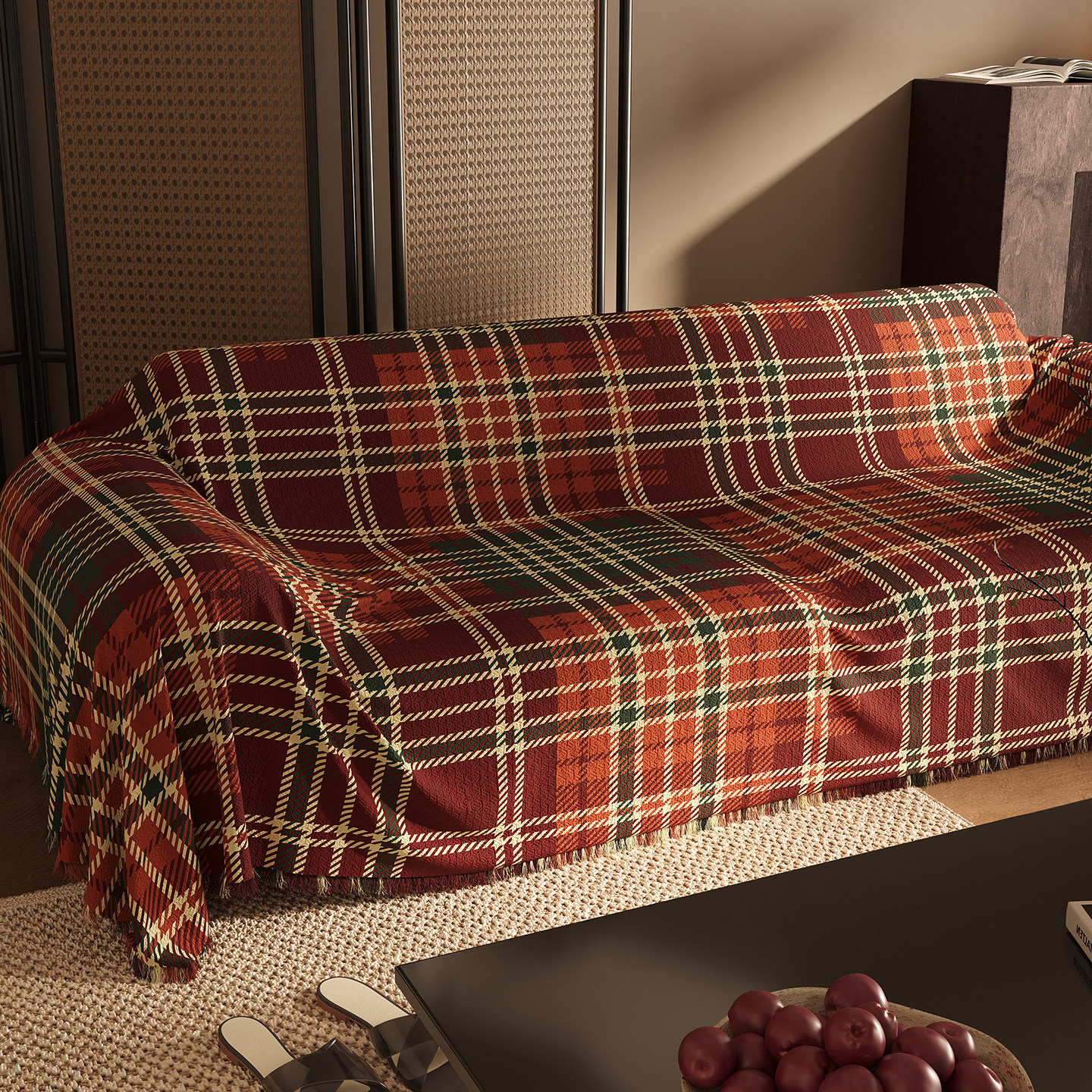 复古风客厅沙发盖巾抗皱防滑盖毯巾可手洗盖巾式简约格子纹盖垫布