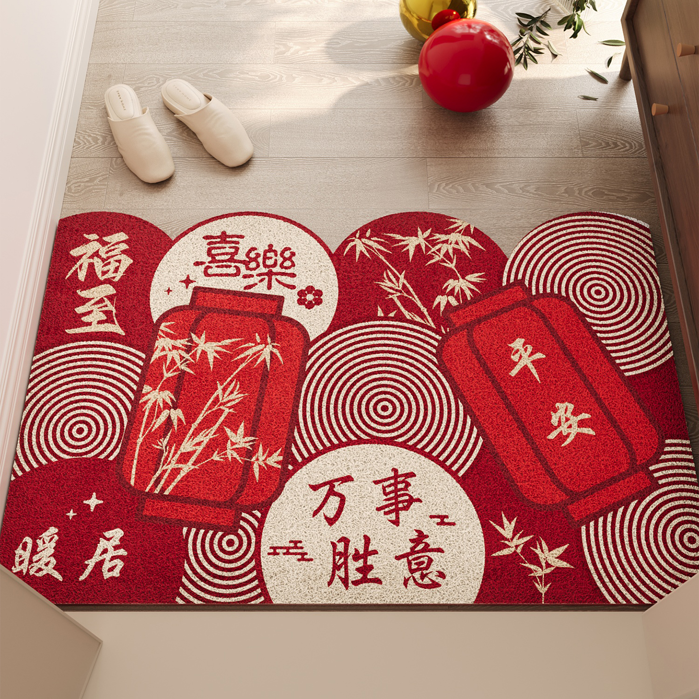 入户门地垫丝圈红色喜庆防滑脚垫耐脏除尘免洗可裁剪地毯定制门垫