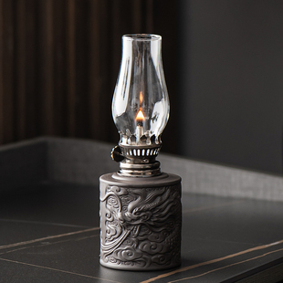 紫砂酥油灯茶室桌面装饰品摆件中式茶台陶瓷氛围灯供佛灯煤油灯盏