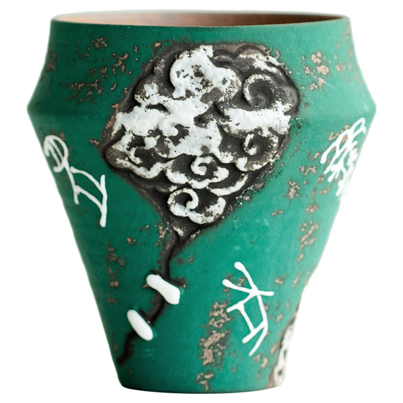 老岩泥湖绿粉引浮雕饕餮茶杯创意甲骨文主人杯家用功夫品茗杯