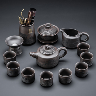 紫砂浮雕龙嘴壶整套功夫茶具茶杯中国风轻奢泡茶器高档茶具套装