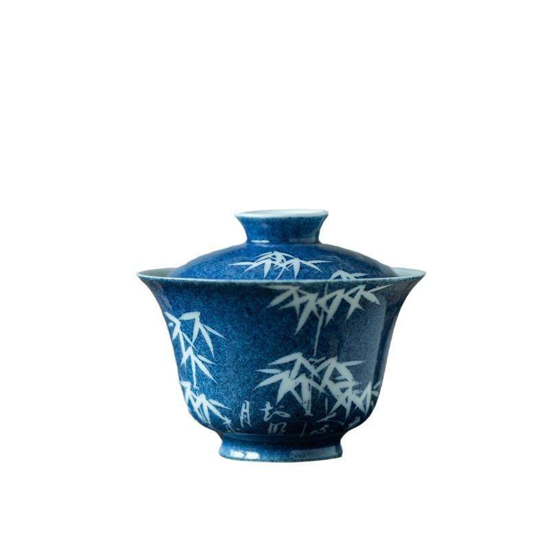 洒蓝手绘留白雅竹盖碗手工陶瓷泡茶碗家用功夫茶具不烫手茶碗,餐饮具,盖碗,淘宝优惠券,粉丝福利购,淘宝优惠卷