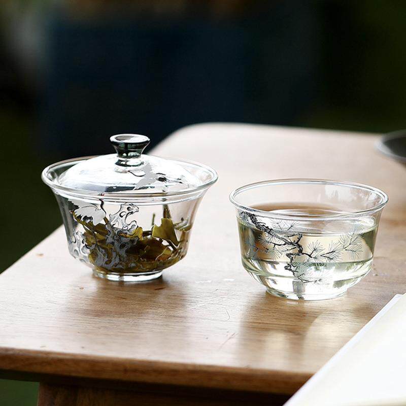 松鹤耐热玻璃盖碗茶杯一人饮功夫茶具小套装高档玻璃茶具