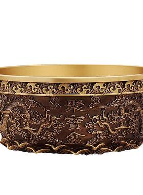 聚宝盆聚财摆件客厅前台装饰物创意浮雕复古双龙大铜碗盆工艺品