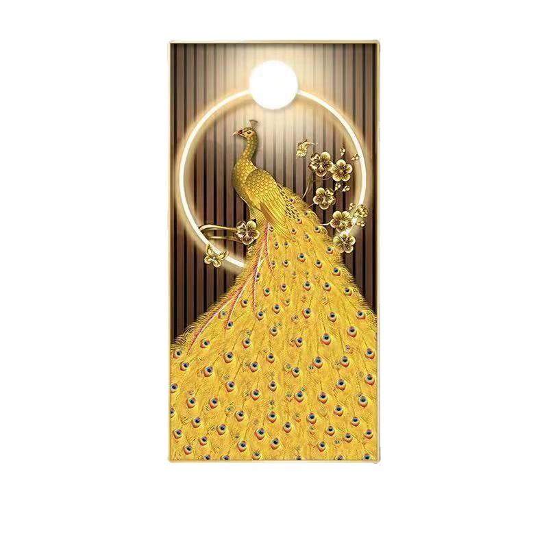 孔雀玄关画入户装饰画晶瓷镶钻走廊过道挂画寓意好壁画背景画