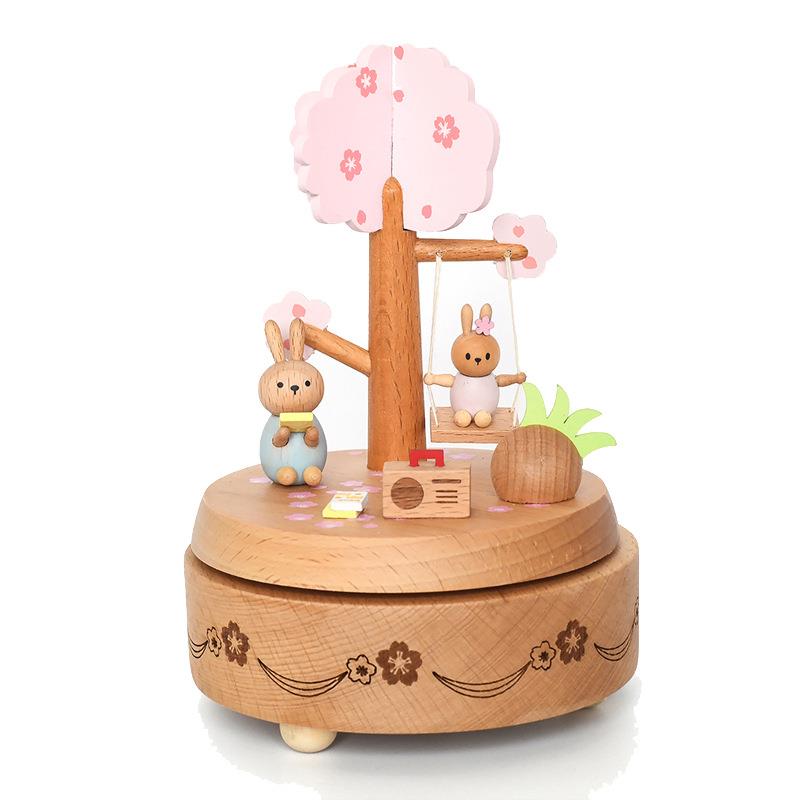 韩版花朵树荡秋千兔子激光木质音乐盒儿童节生日礼物可刻字八音盒