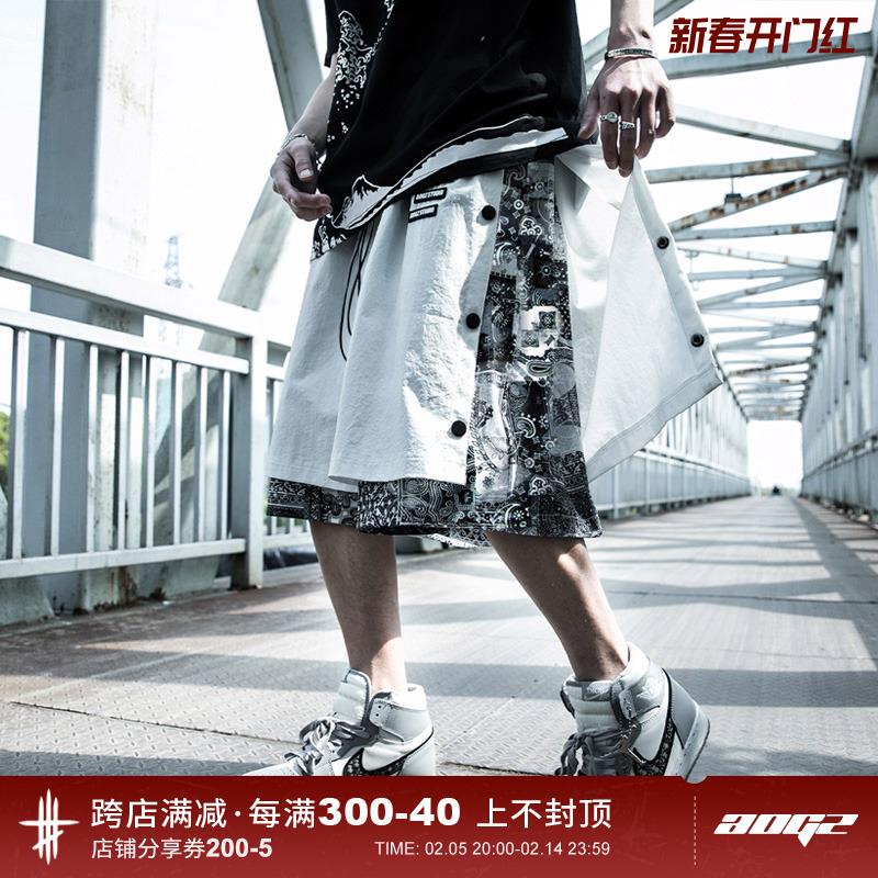 AOGZ夏季腰果花排扣五分裤子男生宽松大码潮牌美式假俩件篮球短裤