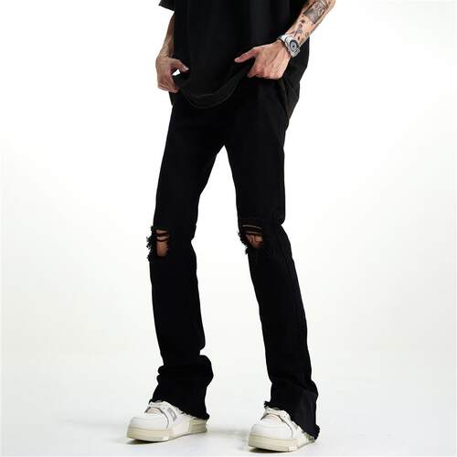 FLYOFF欧美高街毛边破洞牛仔裤美式新款潮牌修身微喇弹力长裤子男