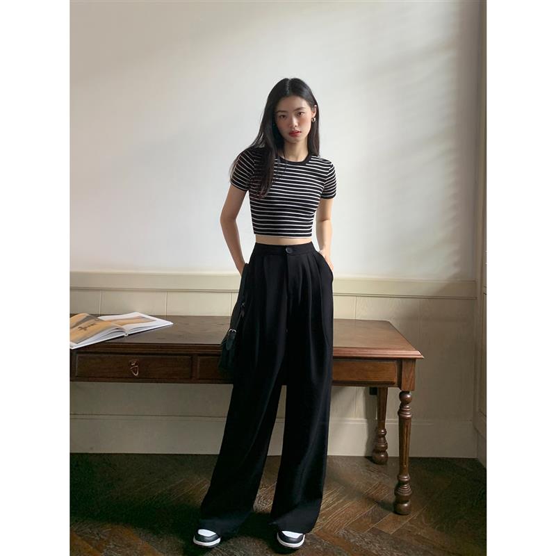 黑色高腰女款阔腿垂坠西装裤 聚酯纤维弹性通勤风休闲长裤 夏季显