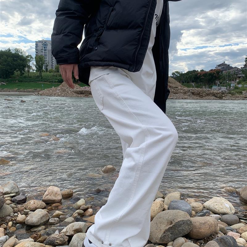 07QWER 四季通勤白色简约男春秋牛仔裤韩版情侣直筒休闲阔腿裤
