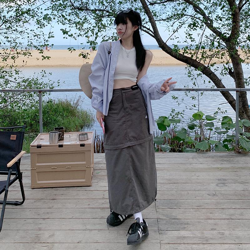 ZRZV复古工装可拆卸半身裙2023春夏新款辣妹显瘦百搭两穿美式长裙