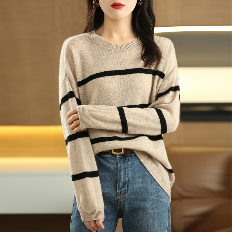 秋冬新款圆领条纹100%羊毛针织衫女士长袖宽松百搭内搭打底毛衣