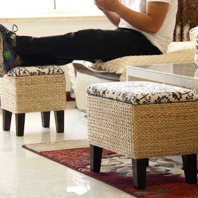 草编收纳凳子储物凳家用矮凳桌边实木长方凳进门口可坐人试换鞋凳