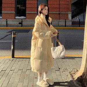 奶黄色连帽羽绒棉服女中长款2023冬季新款加绒加厚过膝小个子外套