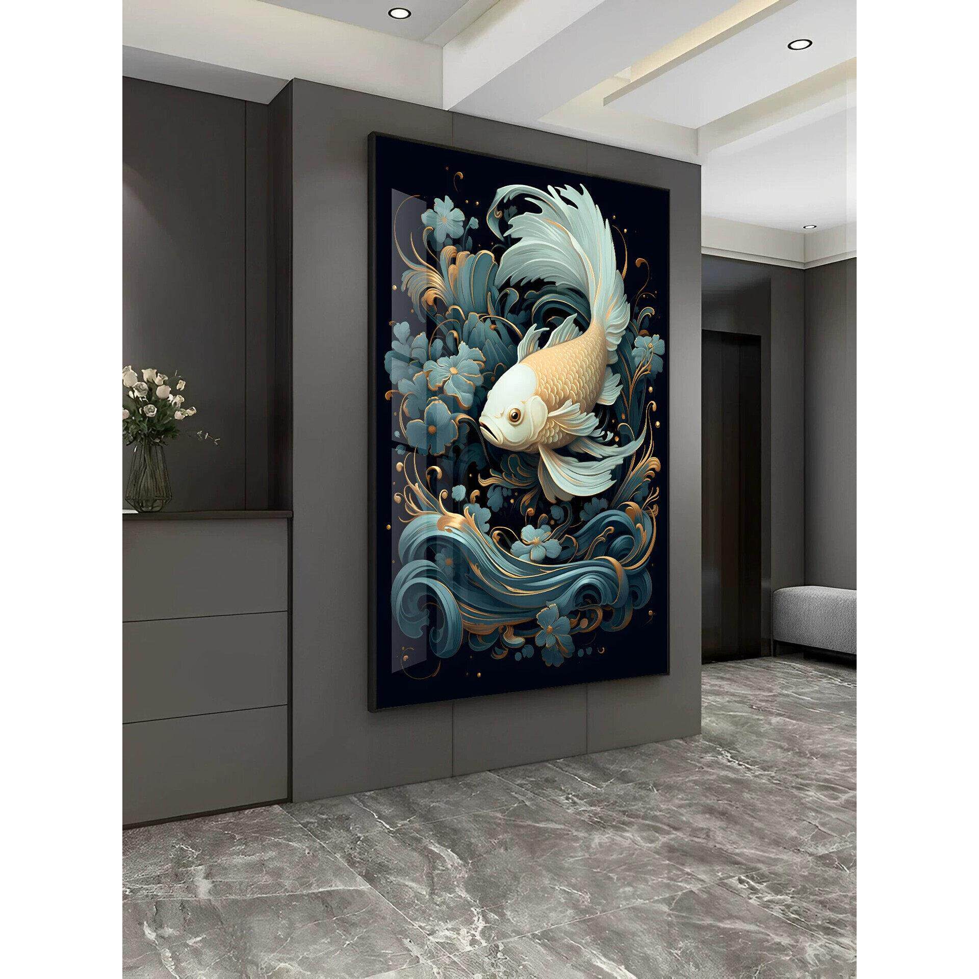 吉祥锦鲤玄关装饰画发光镶钻高级走廊轻奢挂画入户客厅酒店落地画