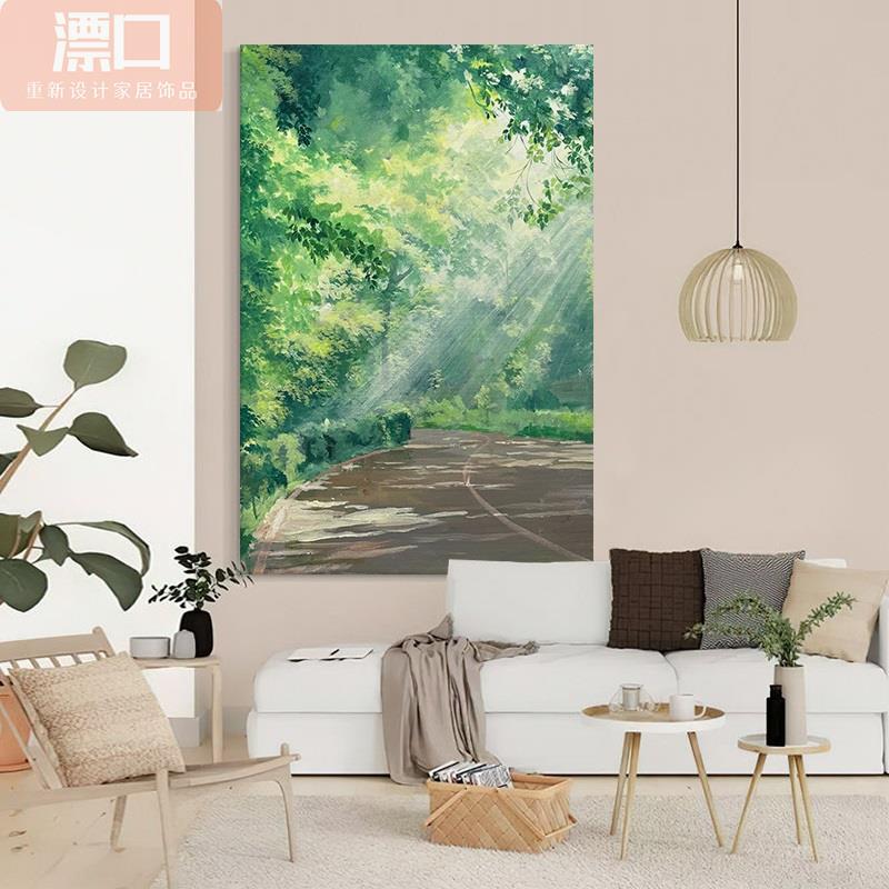 丁达尔效应手绘油画客厅森林树叶装饰壁画玄关绿色系抽象风景挂画图片