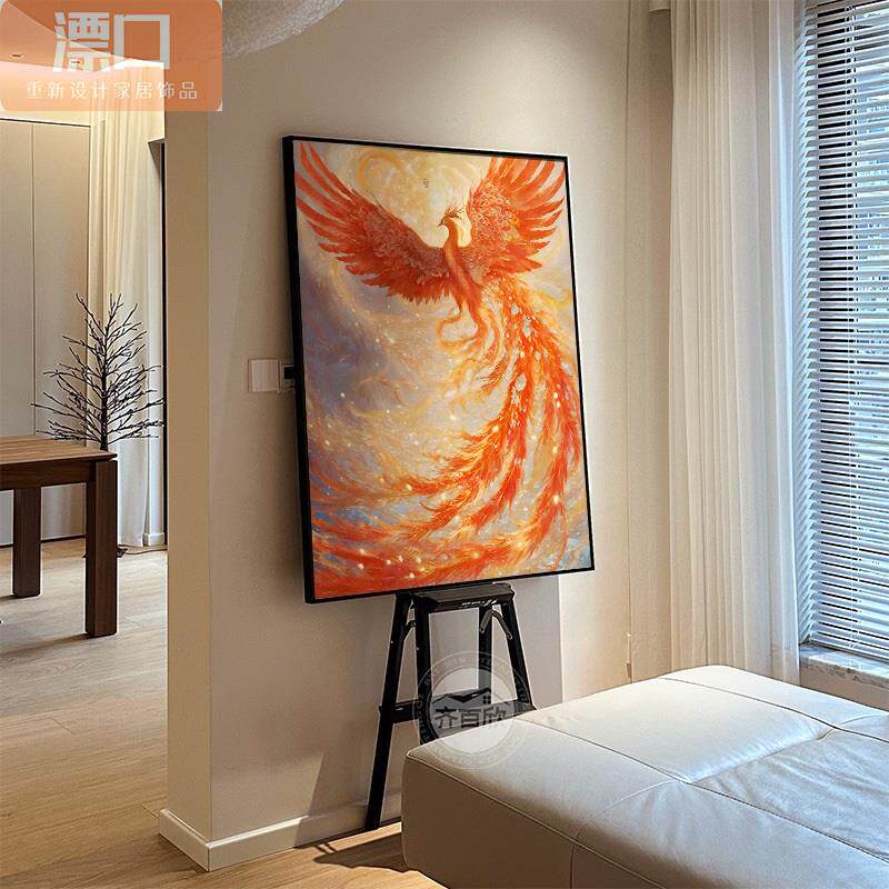 现代中式轻奢风客厅装饰画红色火凤凰寓意入户玄关走廊挂画餐厅画