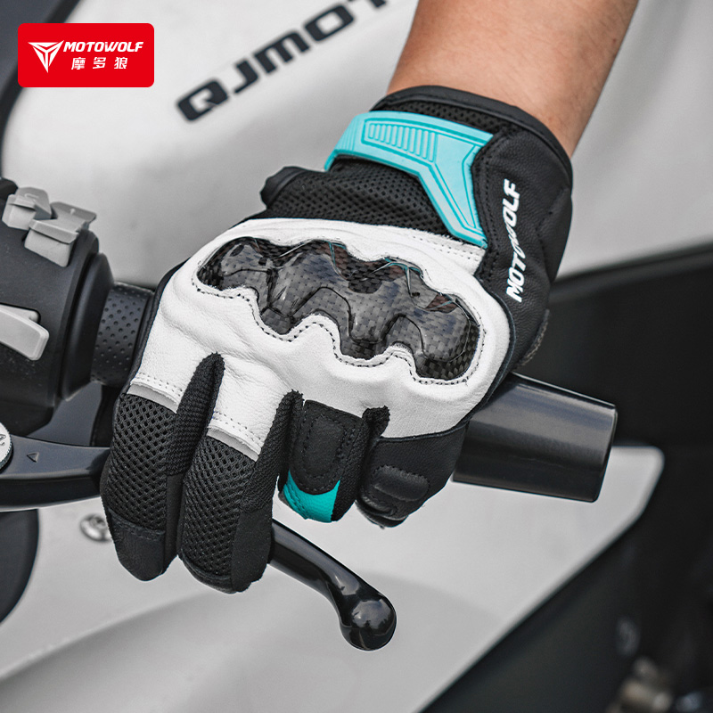 摩多狼摩托车夏季真皮机车手套碳纤维防摔骑士装备摩旅舒适透气男