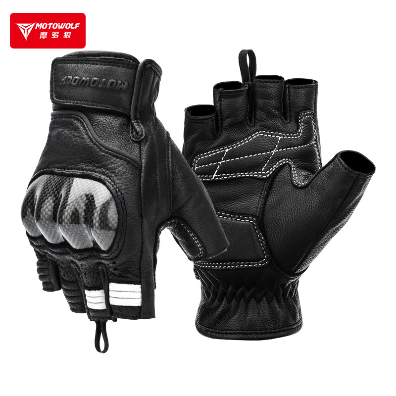 摩多狼夏季摩托车半指手套真皮机车透气骑行碳纤防摔男女骑士装备