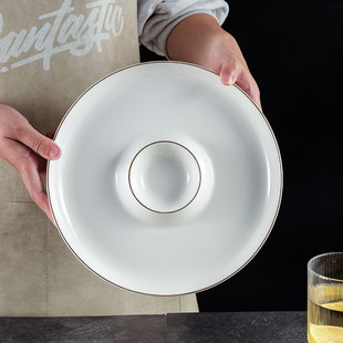 白色饺子盘子带醋碟碗凉菜盘家用陶瓷吃薯条专用托盘装水饺盘虾盘