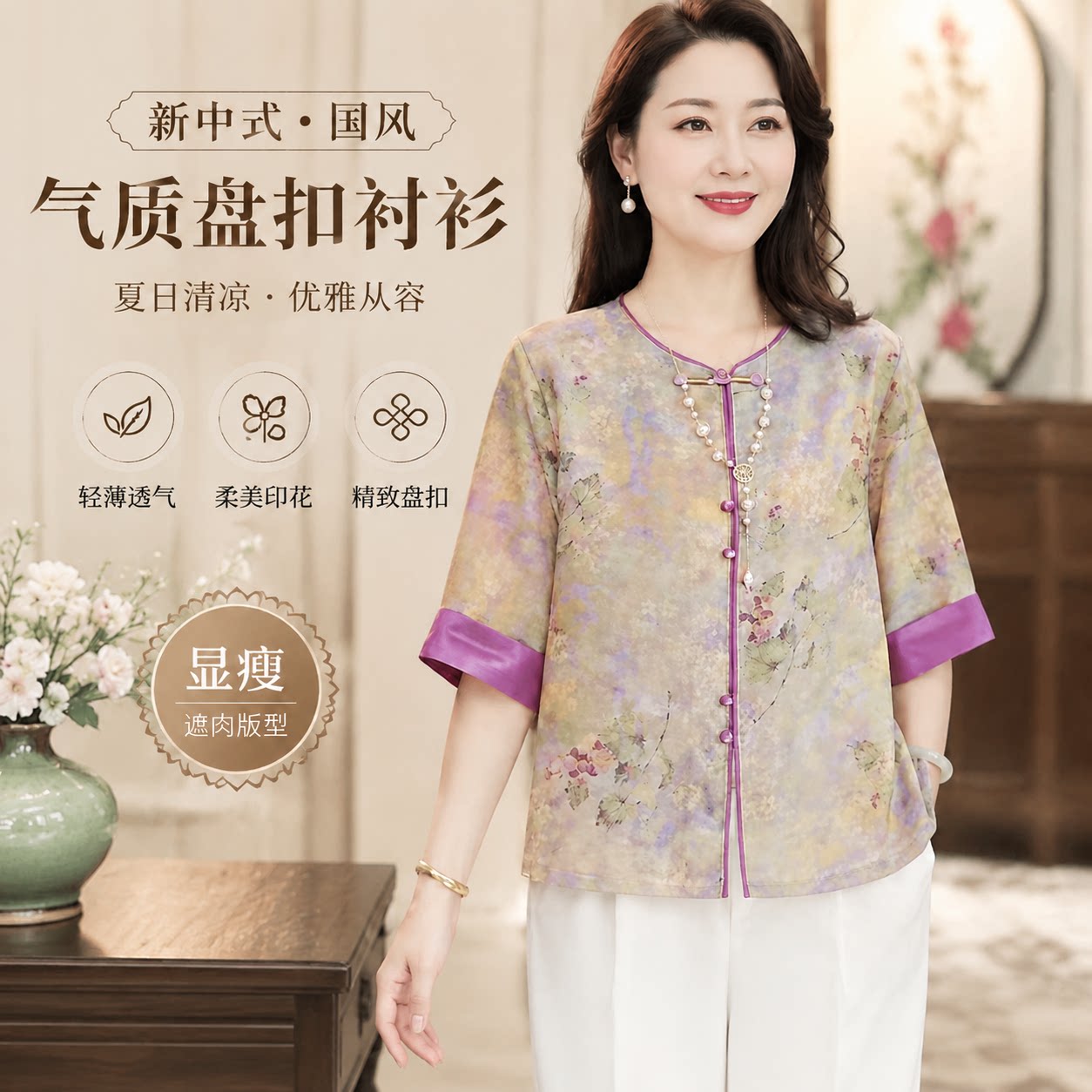 妈妈装新中式印花衬衫女夏季薄款
