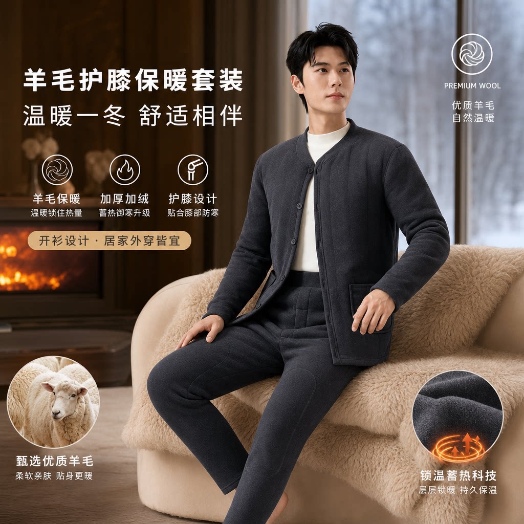 新男士羊毛保暖套装冬季加厚加绒