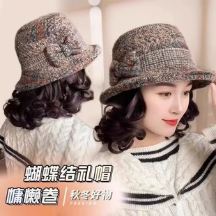 秋冬渔夫帽帽子一体新款假发中老年洋气妈妈百搭卷发时尚礼帽头套