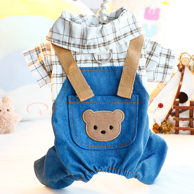 狗狗衣服春秋装童趣牛仔背带裤四脚套装可牵引小型犬泰迪宠物比熊