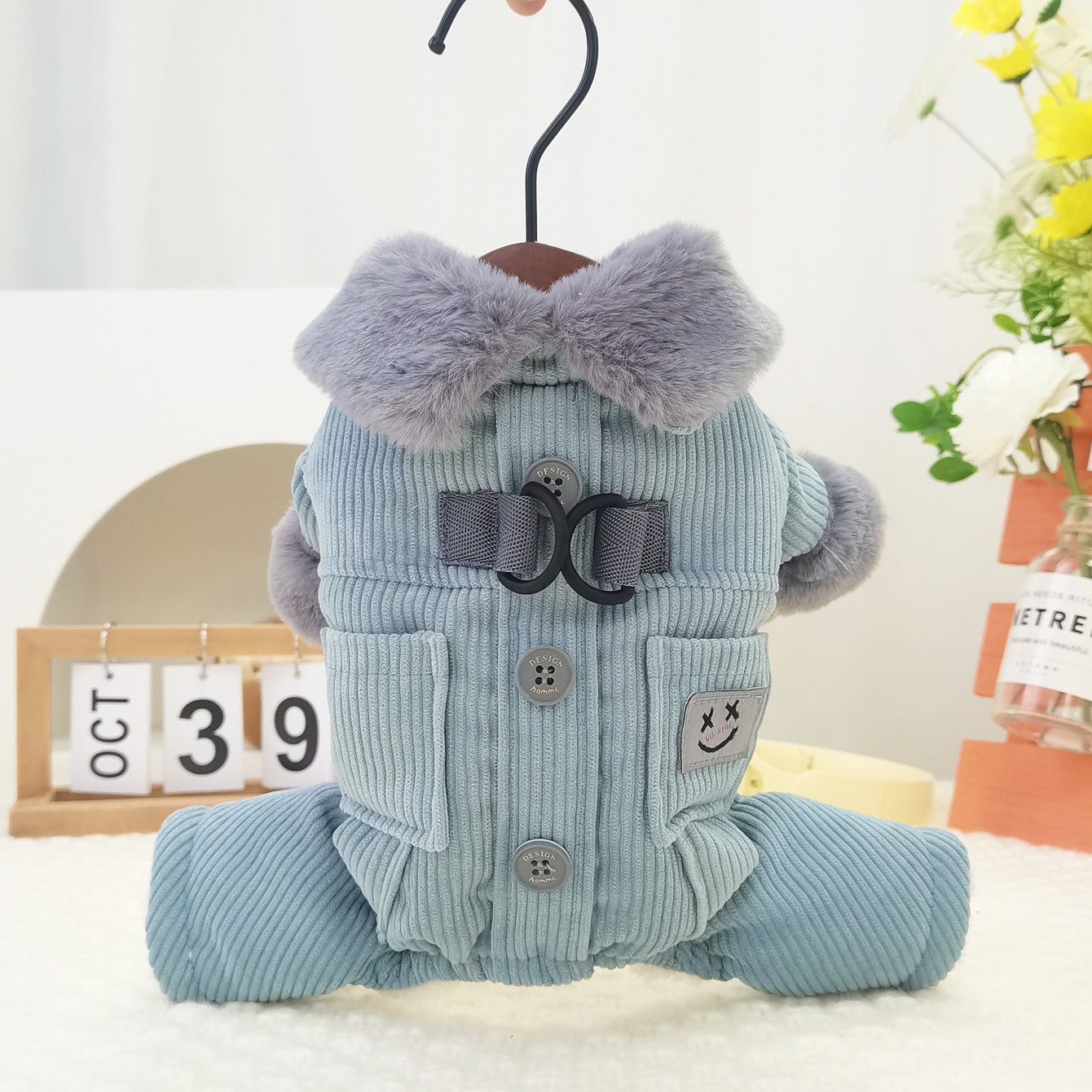 狗狗衣服秋冬装厚款方口袋灯芯绒四腿棉衣牵引小型犬泰迪宠物比熊