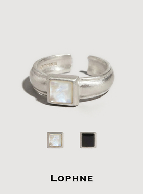 LOPHNE方切贝母黑玛瑙925银戒指 复古个性文艺高级感开口食指戒