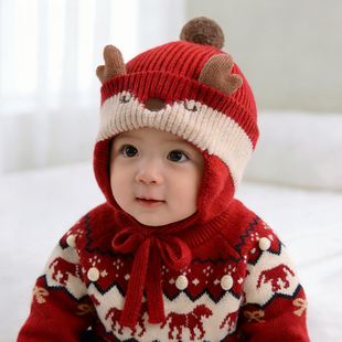 宝宝帽子冬季红色男童女童保暖针织护耳帽加厚婴儿冬天毛线帽男宝