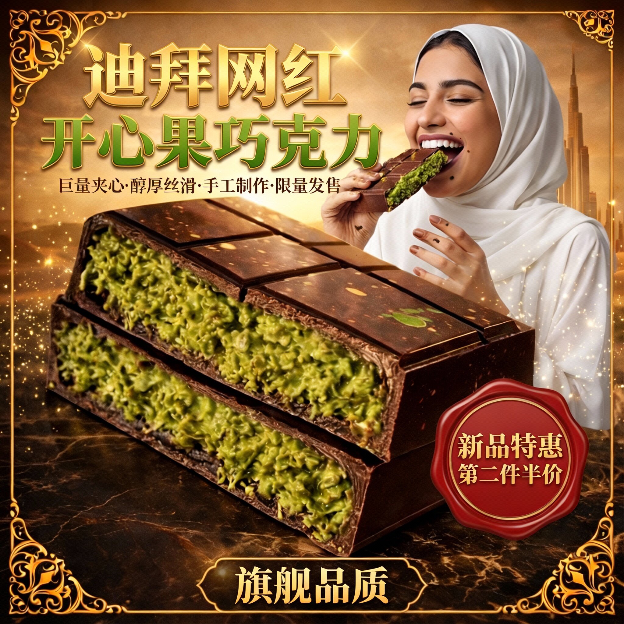 央妈推荐正版迪拜开心果巧克力旗舰店纯可可脂无添加原装进口年货