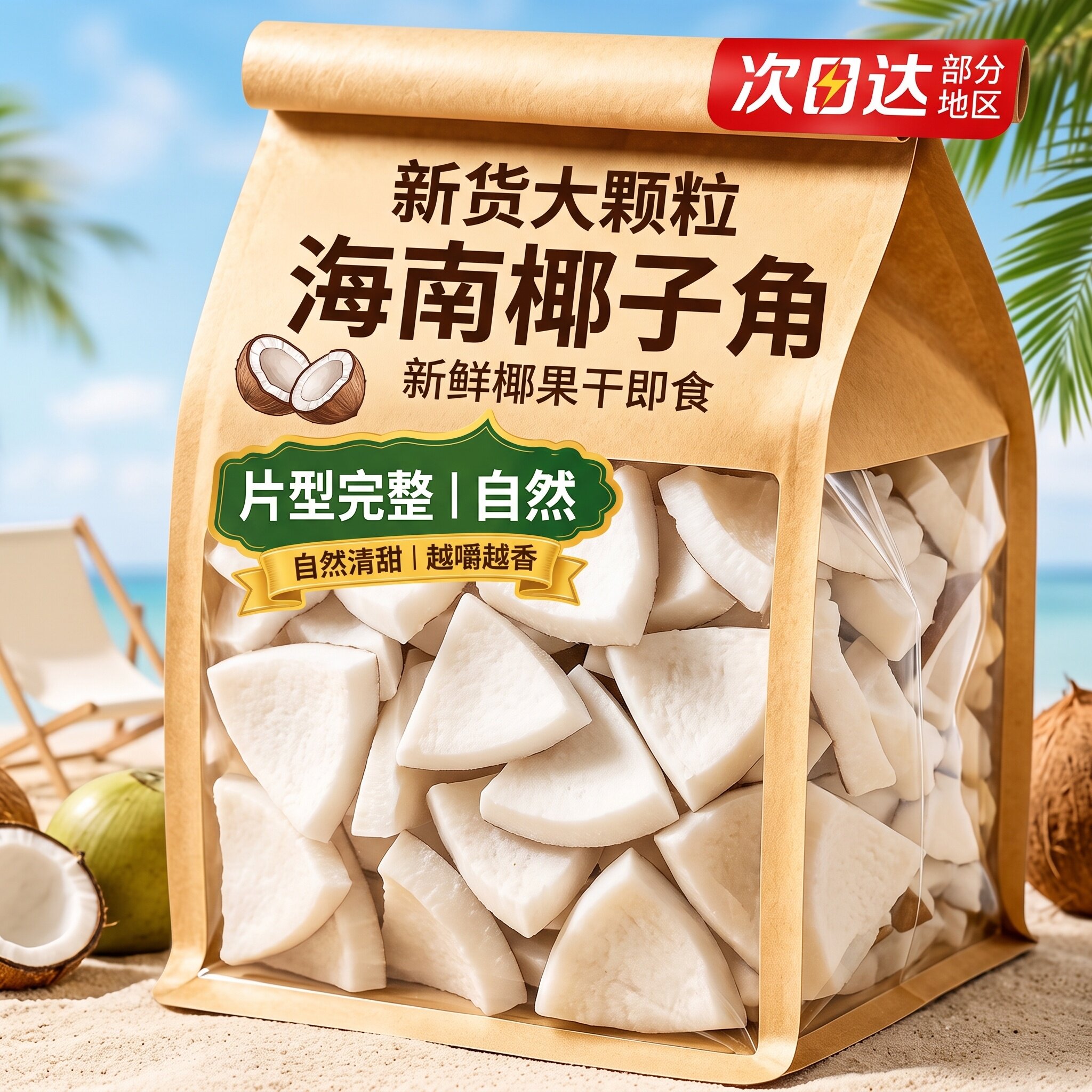 海南特产椰子角椰子肉块新鲜椰果干即食椰子脆块办公室休闲零食甜