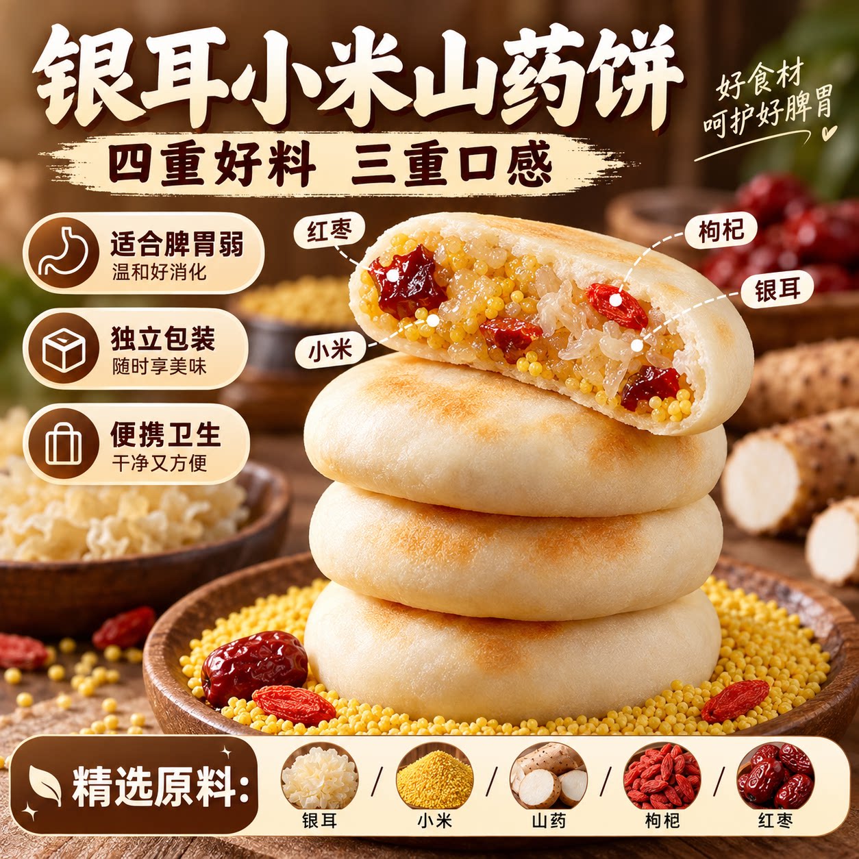 无蔗糖银耳小米山药饼官方旗舰店养营养早餐健康代餐枸杞红枣糕点