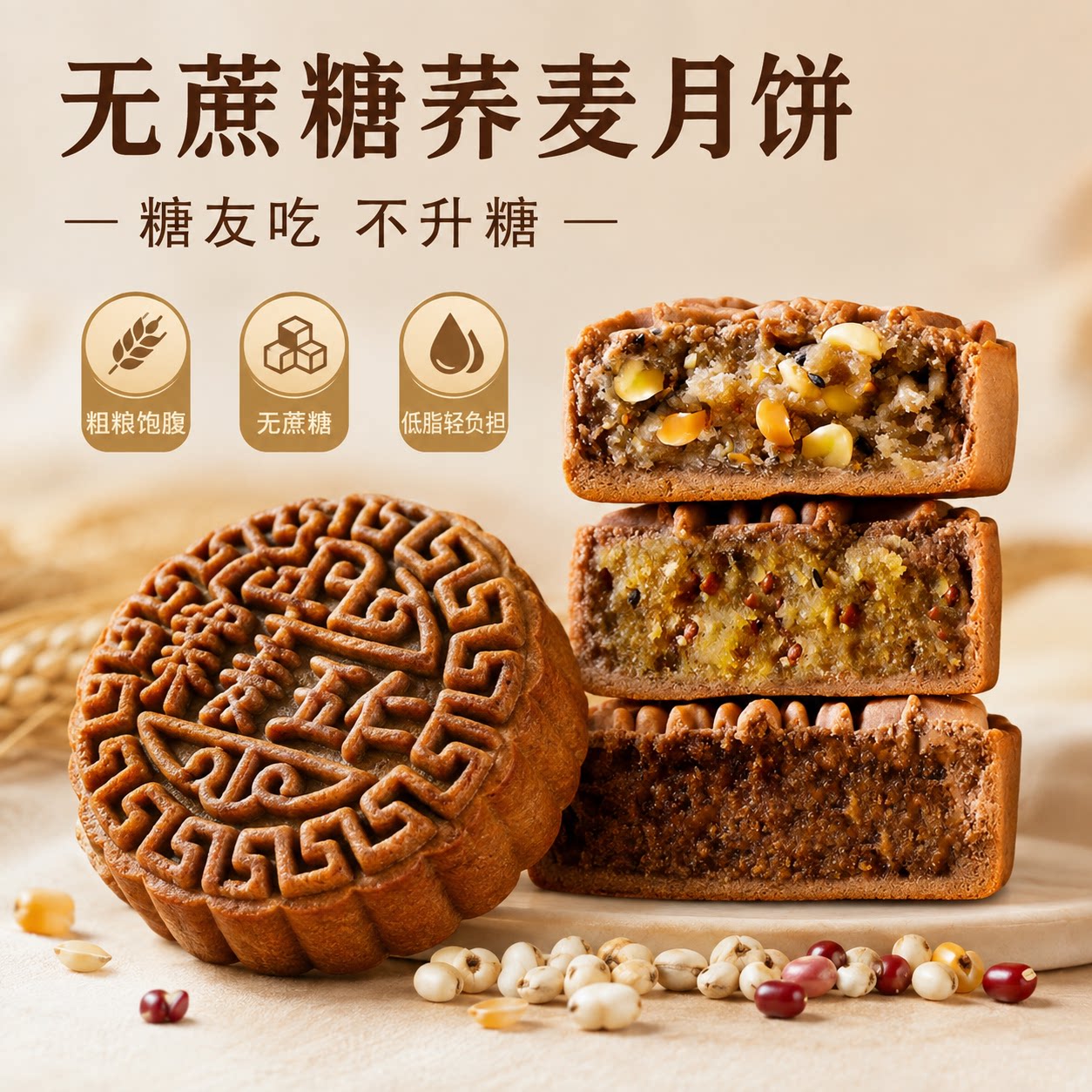荞麦月饼无蔗糖多味黑芝麻五仁月饼无蔗糖中秋老式粗粮木糖醇礼盒