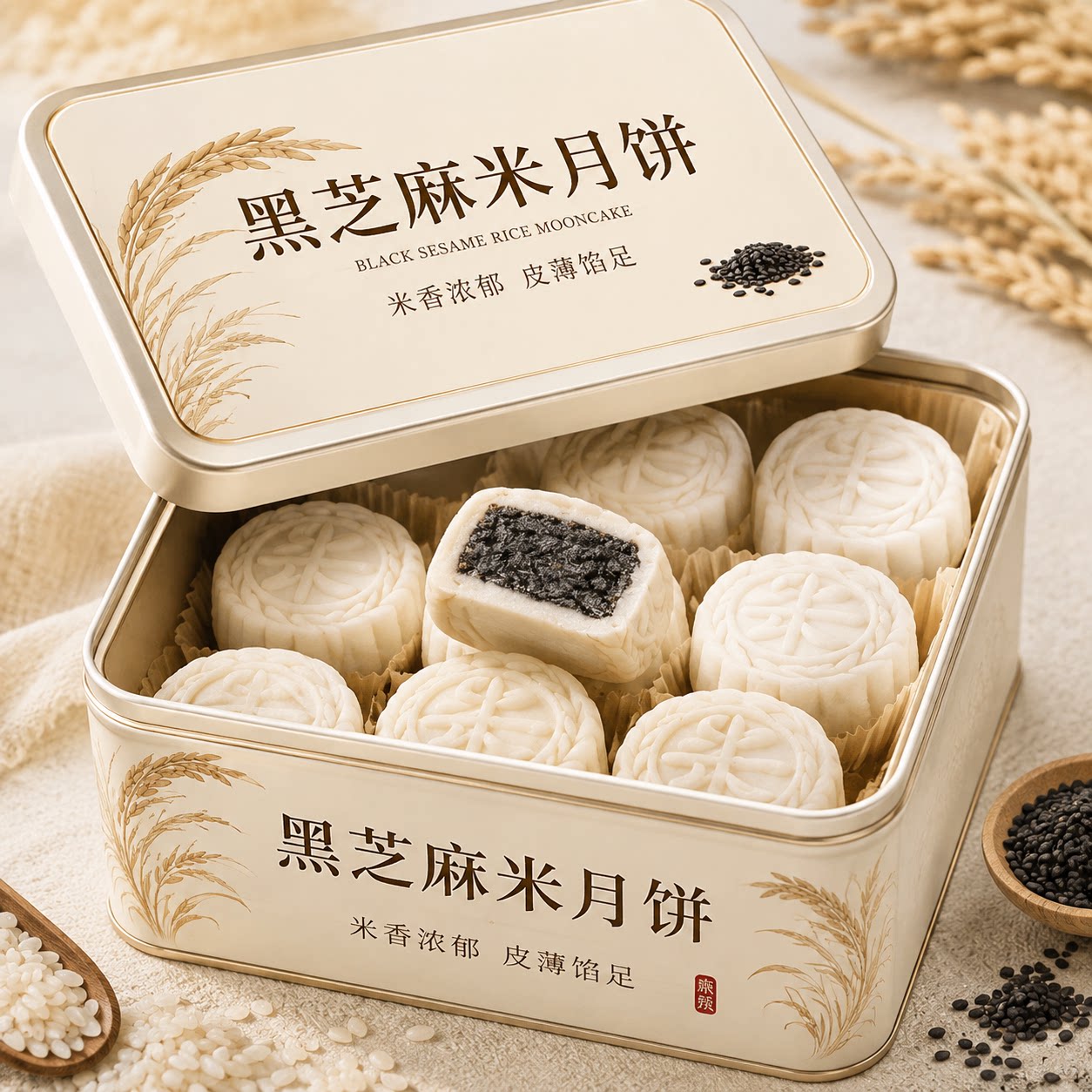 中秋婺式黑芝麻米月饼官方旗舰店糯米皮月饼早餐下午茶点糕点米糕