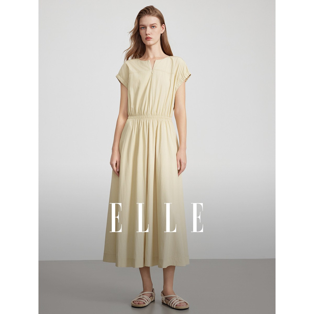ELLE法式飞飞袖优雅连衣裙女2025夏季新款时髦收腰褶皱感气质