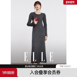 ELLE黑色绵羊毛长款针织连衣裙女2025冬季新款小个子修身显瘦裙子