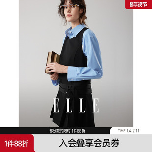 ELLE黑色高级感背心连衣裙女2025冬季新款无袖磨毛腰带通勤短裙子