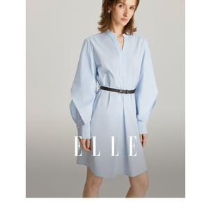 ELLE法式蓝色设计感系带V领连衣裙女2024春新款正式场合气质裙子