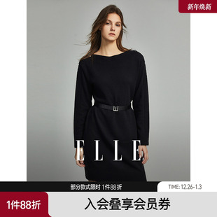 ELLE黑色设计感镂空系带连衣裙女2025秋装 垂坠感气质显瘦裙子 新款