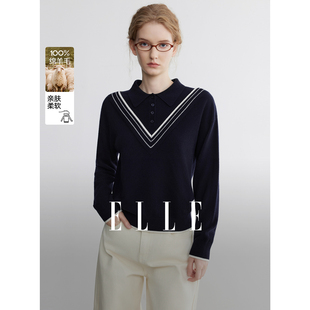 【常青藤学院】ELLE绵羊毛复古polo领毛衣女2026春新款慵懒针织衫