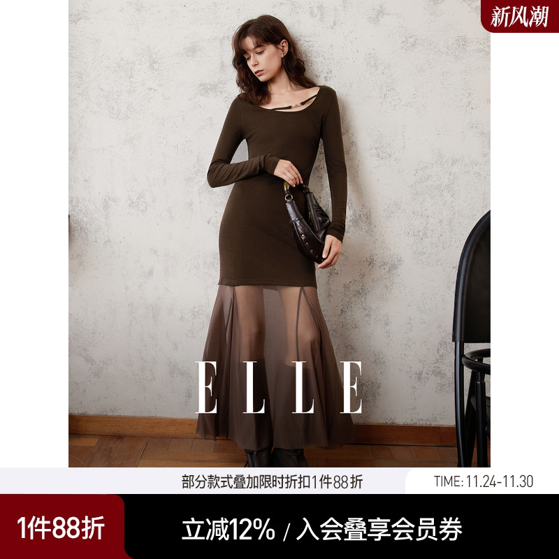 ELLE法式复古网纱拼接连衣裙