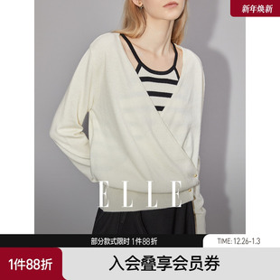 新款 女2025秋装 高级感简约显瘦毛衣 条纹拼接假两件针织衫 ELLE法式