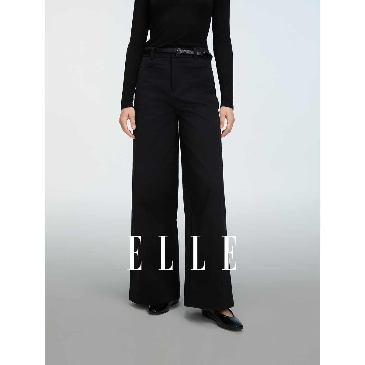 【商场同款】ELLE纯棉高腰显瘦休闲裤女2025春季新款小个子阔腿裤