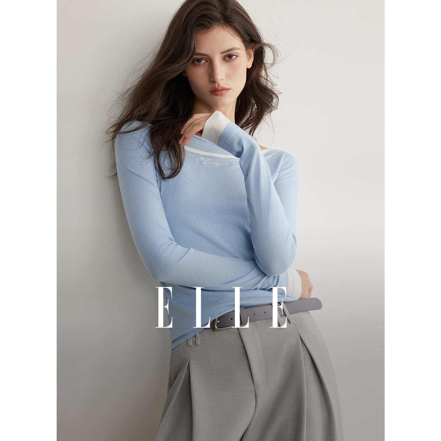 ELLE拼接假两件露肩长袖T恤女2026春季新款设计感内搭打底衫
